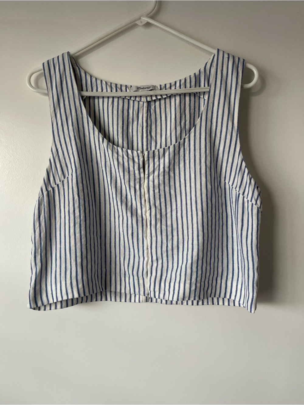 Madewell 100% Linen Striped Blue and White Sleeveless Crop Top